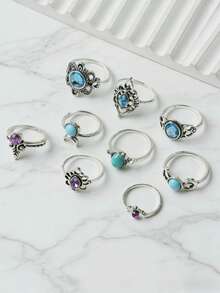 20pcs/Set Vintage Elegant Bohemian Style Artificial Stone Rings, Casual Party Gift, Everyday Jewelry Accessories For Men & Women - 20 Blue Butterfly Water Diamond Head and Tail Rings - View 9