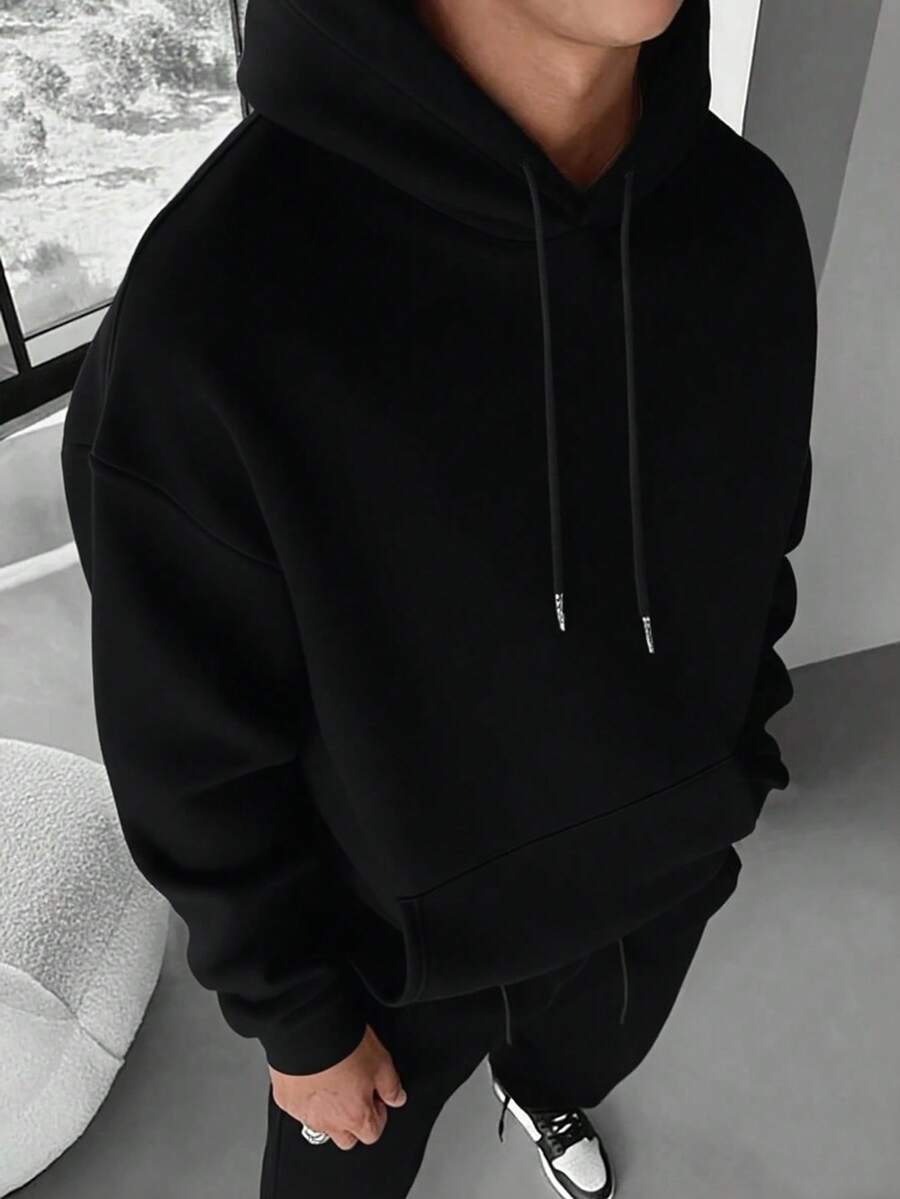 Simple Studio | Men's Solid Color Drop Shoulder Long Sleeve Drawstring Pocket Casual Hoodie, Autumn/Winter, Back To School Season