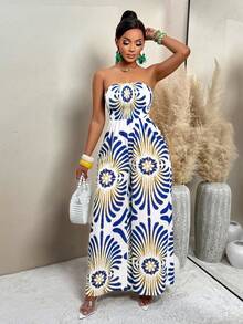 Bộ jumpsuit ống rộng xếp ly, họa tiết retro gợi cảm mùa hè dành cho nữ (họa tiết ngẫu nhiên) - Xem 5