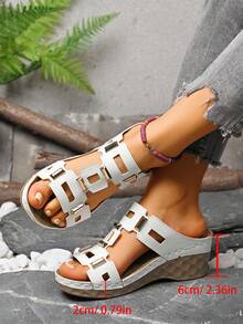 1 Pair Solid Color Elegant Buckle Decor Women Wedge Heel Sandals, Suitable For Beach, Spring/Summer - White - View 8