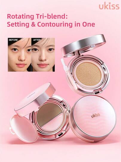 ukiss Paleta de maquillaje 3 en 1 con cojín de aire rotativo de doble capa, la capa superior es una base de maquillaje con cojín de aire, la capa inferior contiene iluminador, corrector y contorno, control de aceite y larga duración, crea un aspecto de maquillaje mate radiante, iguala el tono de la piel, esencial para el maquillaje diario, Cojín de aire de base 11g + Polvo de contorno 2.4g + Polvo iluminador 1.2g