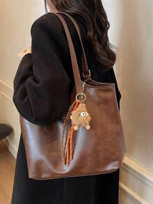 Bolso de mano de gran capacidad de unicolor clásico y elegante, con diseño de decoración con letras, sin decoración de colgante, de tela impermeable, adecuado para viajes, compras, ir al trabajo y salir de fiesta. - Marrón - Ver 6