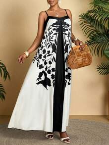 性感优雅印花女士吊带长裙，图案随机 - 杏色 - 查看 3