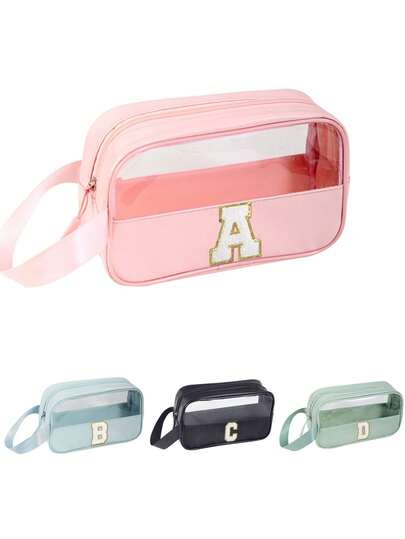 1PC Transparent PVC Toiletry Bag For Makeup Tools Letters Makeup Bag Water-Proof Portable Chenille Letter Zipper Make Up Organizer Minimalist Initial Letter Patch Travel Toiletry Bag For Women For Bathroom Monogram Wash Bag (Letter A~Z) Gift For Mom Beach Bag Beach Essentials Beach Towel Organizer Beach Accessories Beach Stuff Holiday Bag Holiday Essentials For Winter And Fall For Vacation Valentine's Day