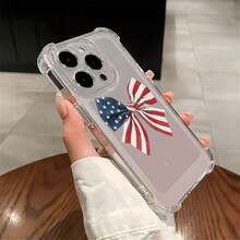 Funda con diseño de lazo con la bandera estadounidense, compatible con iPhone 16, 15, 14 Pro Max, 13, 12, 11, XR y XS Plus. Fabricada en silicona TPU, ofrece protección contra golpes y caídas, además de una excelente sensación al tacto. Es el regalo ideal para familiares, amigos y seres queridos. - transparente - Ver 2