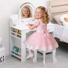Tocador y taburete infantil con estantería, cajón iluminado y estantes abiertos. Tocador de madera para niñas. - Blanco - Ver 7