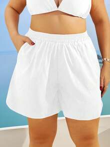 Swim Vcay 大码夏季假日海滩斜口袋松紧腰沙滩短裤黑色短裤女式女士运动短裤沙滩短裤 - 白色 - 查看 4