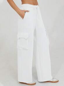 New Casual Loose Fit Elastic Waist Wide Leg Sweatpants, Thicker Thermal Lined, Versatile & Slimming - 白色 - 查看 1
