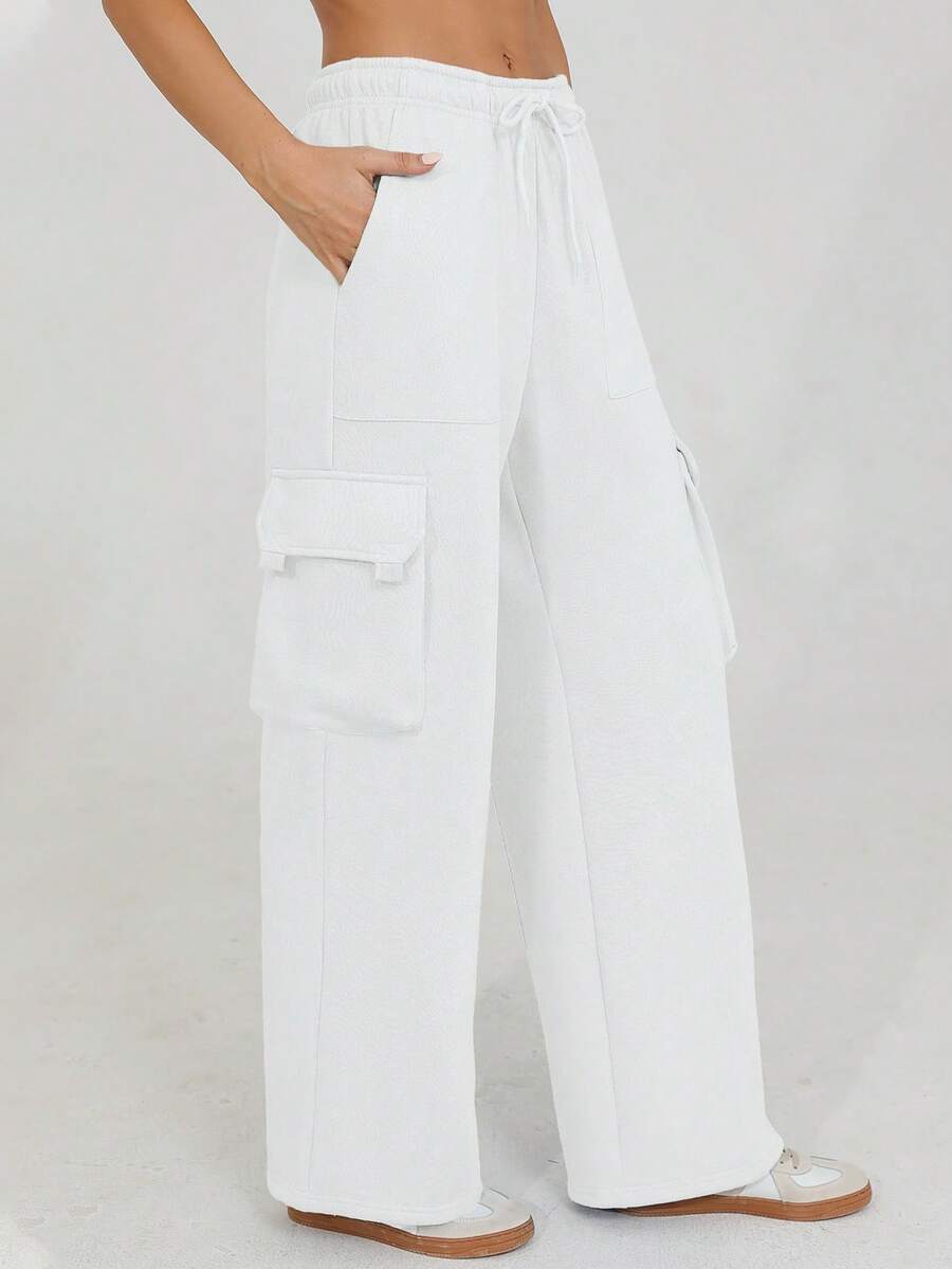 New Casual Loose Fit Elastic Waist Wide Leg Sweatpants, Thicker Thermal Lined, Versatile & Slimming - 白色 - 查看 1