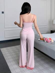 刺绣蕾丝拼接性感吊带背心和长裤睡衣套装 - 粉色 - 查看 2