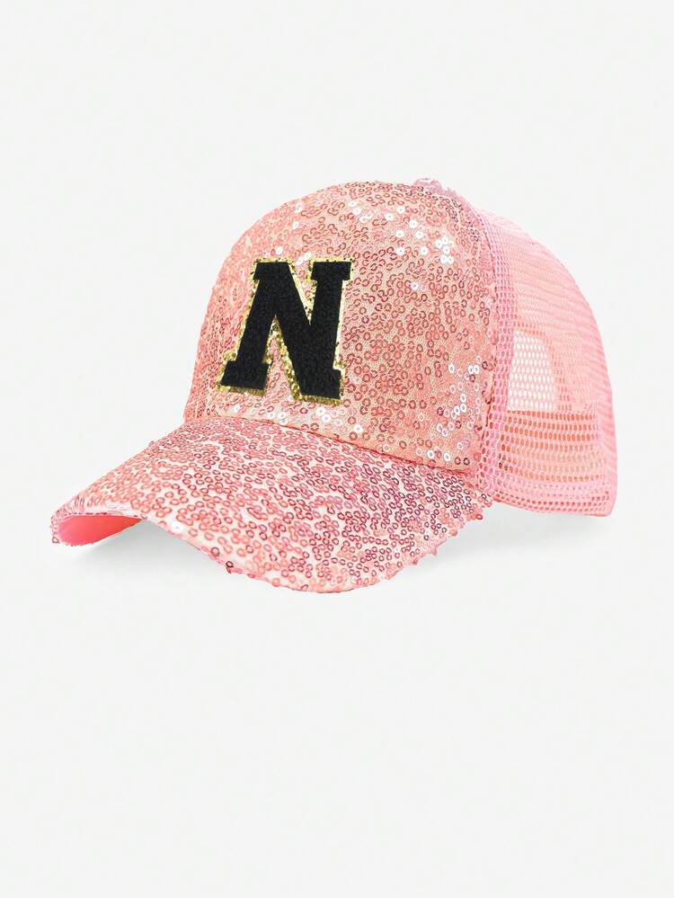 1pc Adult Glamorous Rhinestone 26 Letter Sequin Truck Cap, Fashionable Versatile Sun Hat For Women, Suitable For Spring/Summer Outdoor Daily Wear And As Birthday/Holiday Gift - Pink - View 9
