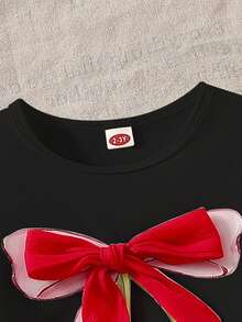 2pcs/Set Girls Cute Cherry Bow Decor Short Sleeve Top + Casual Cherry Embroidery Denim Skirt Pants Outfit - Black - View 3