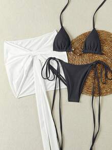 Bộ bikini 3 mảnh màu đen trắng thanh lịch, gợi cảm, thường ngày, dành cho mùa xuân/hè, thích hợp cho bãi biển, kỳ nghỉ, tiệc tùng và hẹn hò. - Đen và trắng - Xem 2