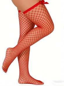 1 Pair Women's Red Bow Fishnet Over-The-Knee Socks Pure Desire Style Satin Bow Decoration Suitable For Valentine's Dates, Christmas Parties, New Year's Eve, Candlelight Dinners Eye-Catching Dating Item