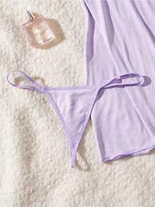 2-Piece Set Women's Lace Patchwork Color-Blocking Bow Decoration Split Hem Nightdress With Matching Underwear - Valentine's Day - 淡紫色 - 查看 7