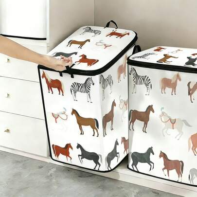 Large Capacity Horse Print Clothes Storage Box - Zipper Design, Reinforced Handle, Foldable Fabric Storage Box For Clothes, Blankets, Quilts, Wardrobe Organization | Horse Print Pattern | Zipper Closure, Wardrobe Storage Organization