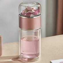 1 pieza Taza de vidrio con separación de té, taza de agua portátil resistente al calor de doble capa con función de separación de agua y té - Multicolor - Ver 2