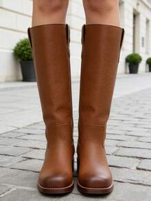 Women Campus Knee High Boots Square Toe Riding Boots Vintage Pull On Riding Boots Wide Calf Boots Chunky Block Low Heel Moto Boots - 棕色 - 查看 3