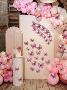 12pcs Pink Double-Layer Faux Butterfly Stickers, Suitable For Home Decor