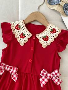 女童休闲时尚格子刺绣领短袖草莓印花连衣裙，夏季 - 紅色 - 查看 3