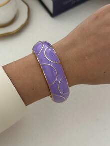 Enamel Patchwork Metal Bracelet, Luxury Purple & Pink Contrast Multi-Layer Open Cuff Bracelet For Women - Purple Powder - View 10