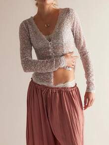 Women's Lace Sheer Cardigan Button Down Long Sleeve V-Neck Lightweight Jacket For Spring Fall, Perfect For Casual Wear, Work, Or Outings - trắng - Xem 1