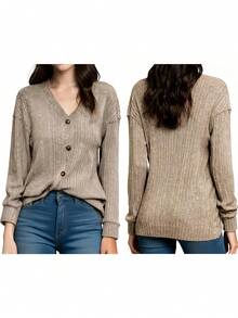 Women's V Neck Sweaters Casual Long Sleeve Button Front Ribbed Knit Tops Pullovers - Khaki - View 5