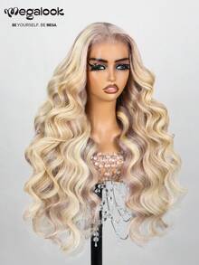MEGALOOK 6x5 预剪蕾丝金色挑染波浪卷假发，100%真人发透明蕾丝闭合假发，30英寸长，巴西原生发，隐形蕾丝，适合新手女性佩戴 - 自然逼真，日常佩戴，适合办公室、僵尸新娘、万圣节、派对、Y2K 坏女孩、度假、户外角色扮演、校园、学校假期、圣诞节、派对、婚礼、节日等场合，真人发假发 - S10/613 - 查看 4