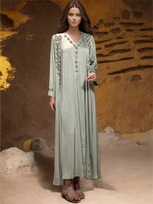 Elegant Women's V Neck Arabian Dress With Rhinestone And Applique Details Regular Long Sleeve Non-Stretch Fabric Caftan Spring - Mint Green - View 6