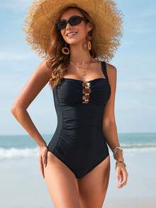 Womens Swimsuit Sleeveless Solid Color Cutout Beaded Decor Ruched Slim Fit Monokini Bathing Suits - Black - View 3