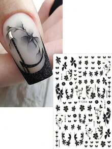 2片渐变黑色花朵蝴蝶美甲贴纸，晕染百合花优雅婚礼滑扣美甲饰品，美甲用品，美甲设计装饰配件，美甲贴纸 - 黑色 - 查看 2