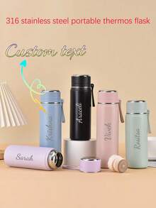 Customized Text Logo 316 Stainless Steel Portable Vacuum Insulated Bottle, Large Capacity Double-Wall Vacuum Water Bottle, 500ml/600ml Options, Keeps Warm/Hot/Cold, Durable, High-Quality Design, Water Bottle With Non-Slip Base And Carrying Strap - Multicolor - View 1