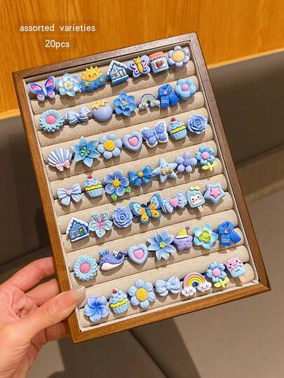 20 pièces Bagues réglables de style dessin animé assorties, accessoires de bijoux et mignons