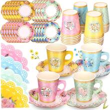 156pcs Floral Paper Tea Cups And Saucers 7 OZ Disposable Paper Tea Cups With Handle And Plates For Tea Party Decoration Birthday Bridal Wedding Mother's Day - Multicolor - View 2