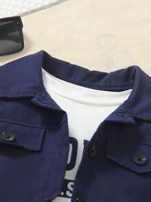 2025 New 3-Piece Set For Toddler Boys: Button Front Vest, Letter Print T-Shirt, And Cargo Pants, Summer - Navy Blue - View 3