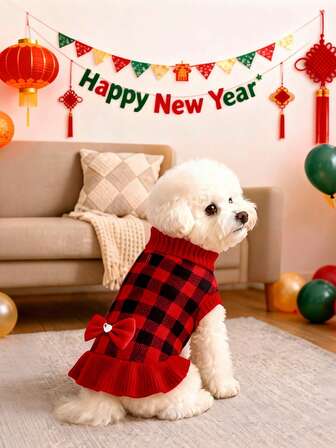 1 pieza Lindo vestido de suéter a cuadros rojos de Navidad para perro con moño, de tela de punto de cuello alto cálido, vestido adorable para perros pequeños como Teacup, Yorkshire, Chihuahua en invierno
