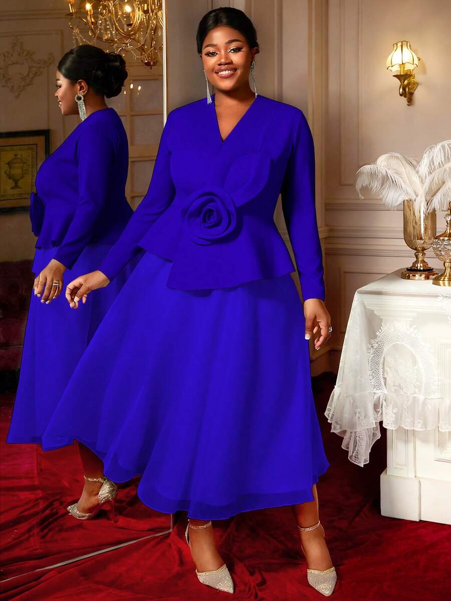 Plus Size Fall Clothes For Women Long Sleeve Blazer Dress V Neck Asymmetrical Peplum Tulle With Big Flower A-Line Tulle Swing Dresses For Party Wedding - 藍色 - 查看 1