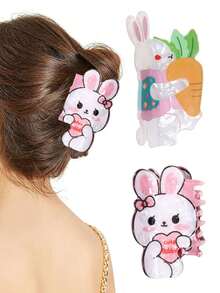 2个可爱胡萝卜爱心兔子亚克力发夹，优雅爪夹，适用于马尾辫、丸子头、休闲、约会、派对、节日、生日、情人节、复活节、感恩节、返校礼物 - 彩色 - 查看 2
