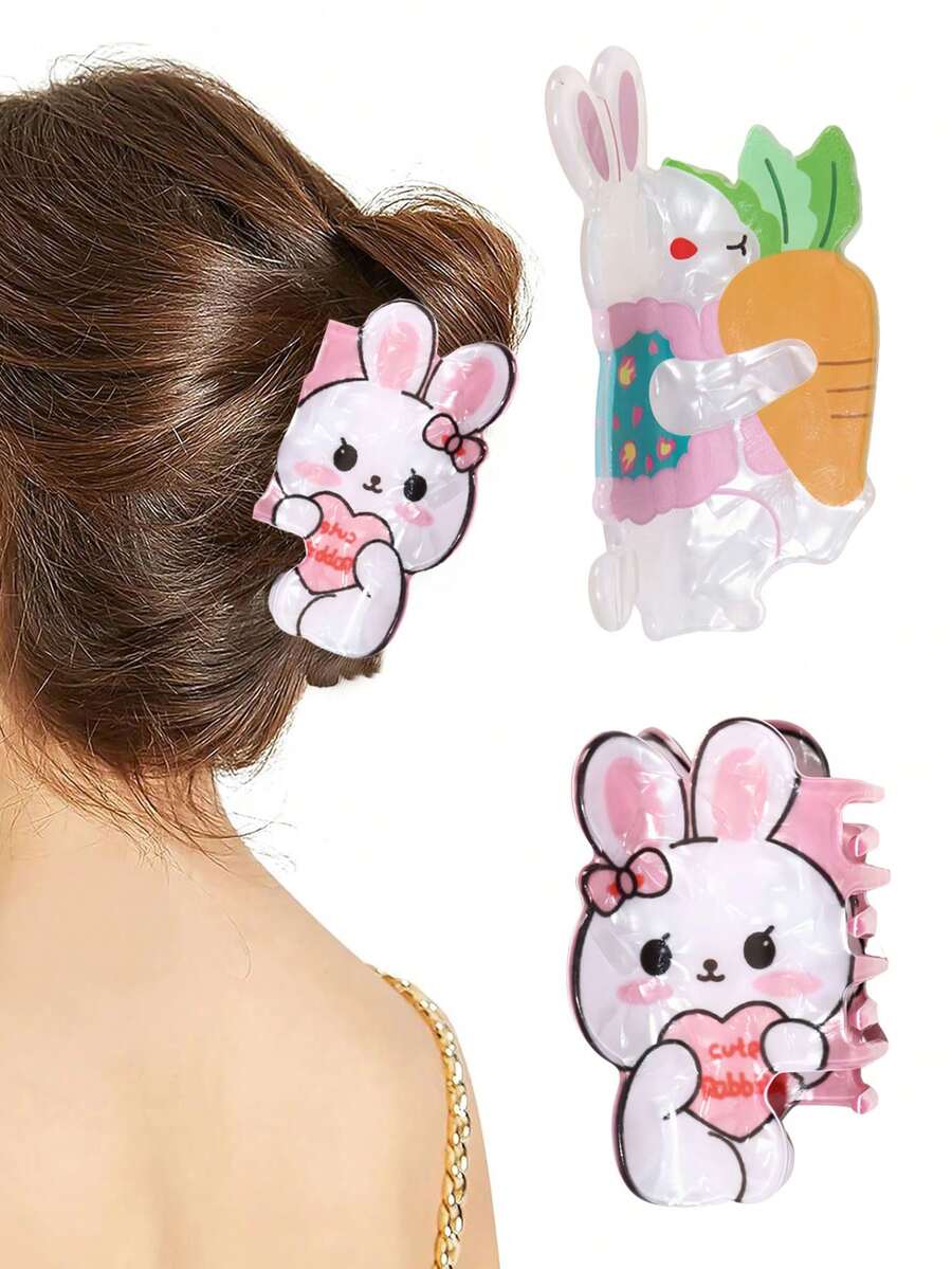 2个可爱胡萝卜爱心兔子亚克力发夹，优雅爪夹，适用于马尾辫、丸子头、休闲、约会、派对、节日、生日、情人节、复活节、感恩节、返校礼物