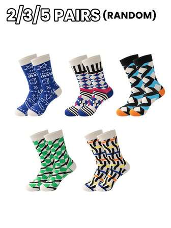 2/3/5 Pares Aleatórios de Meias Criativas e Versáteis de Cano Alto Assimétrico com Padrões de Animais de Desenho Animado, Ferramentas e Personagens