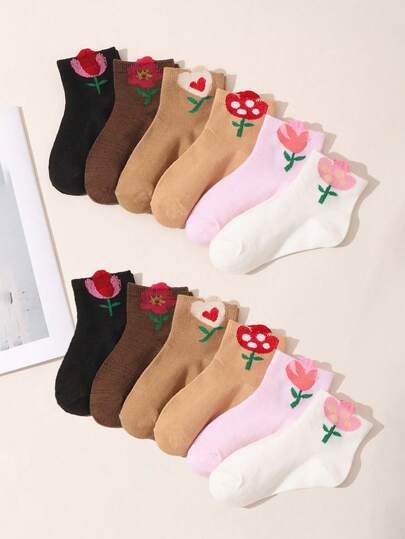 6双可爱花朵蝴蝶结图案短袜，舒适中筒袜，适合春夏穿着，百搭日常穿搭，理想的春季礼物