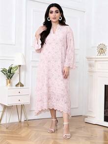 2026 New Style Ramadan Traditional Elegant Floral Embroidered Asymmetrical Ruffle Hem Dress, Modest Arabic Women Clothing - Pink - View 2