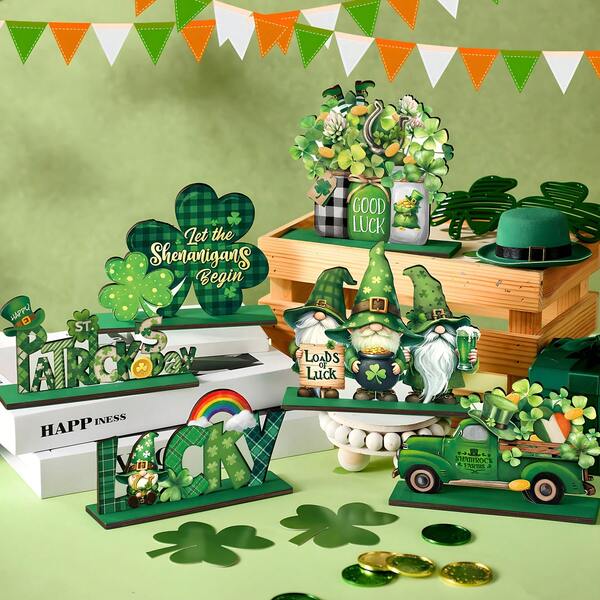 6pcs St. Patrick's Day Decorations, Wooden Clover Tabletop Centerpiece, St. Patrick's Day Tabletop Decor, Irish Green Leprechaun Truck Wooden Tabletop Sign, Home Shelf St. Patrick's Day Party Decorations