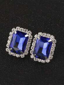 1对女士合金水晶浅粉色几何图案夹式耳环 - 寶藍色 - 查看 1