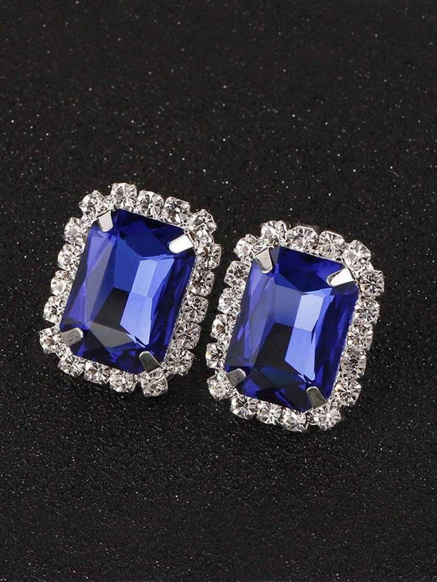 1对女士合金水晶浅粉色几何图案夹式耳环 - 寶藍色 - 查看 1