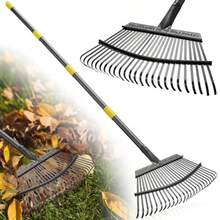 Rake - Rastrillo de hojas de jardín de 65 pulgadas de largo rastrillo de hojas resistente de 18 pulgadas de ancho para arbustos con 25 dientes de metal rastrillo Thatchibng para patio con mango ergonómico ajustable para recoger hojas recortes de zacate basura - Amarillo - Ver 1