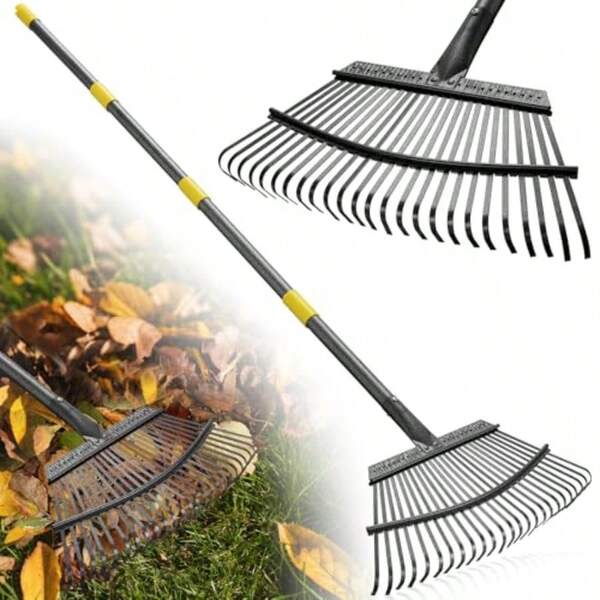 Rake - Rastrillo de hojas de jardín de 65 pulgadas de largo rastrillo de hojas resistente de 18 pulgadas de ancho para arbustos con 25 dientes de metal rastrillo Thatchibng para patio con mango ergonómico ajustable para recoger hojas recortes de zacate basura