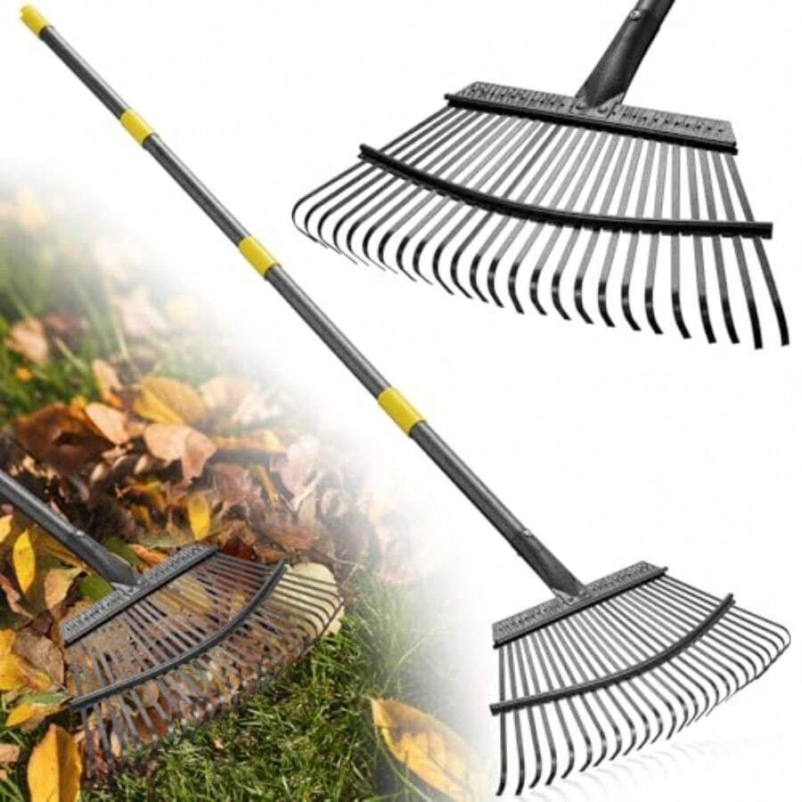 Rake - Rastrillo de hojas de jardín de 65 pulgadas de largo rastrillo de hojas resistente de 18 pulgadas de ancho para arbustos con 25 dientes de metal rastrillo Thatchibng para patio con mango ergonómico ajustable para recoger hojas recortes de zacate basura - Amarillo - Ver 1