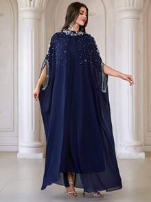 Women's Stand Collar Solid Color 2 In 1 Splicing Open Front Chiffon Dress With Embroidery, Sequins & Beading Decorations, Elegant Long Arabic Style Dress For Banquet, Daily Wear And More Occasions Spring - Royal Blue - View 5