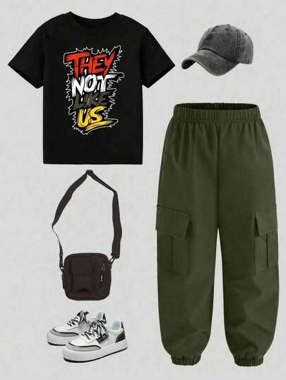 Tween Boy Cartoon Print Short Sleeve Top And Cargo Pants Set